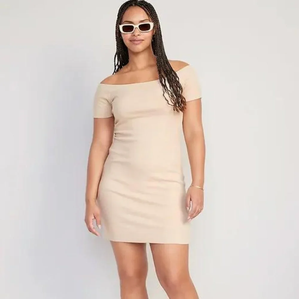 NWT Old Navy Fitted Off-The-Shoulder Rib-Knit Mini Dress for Women - Picture 3 of 6